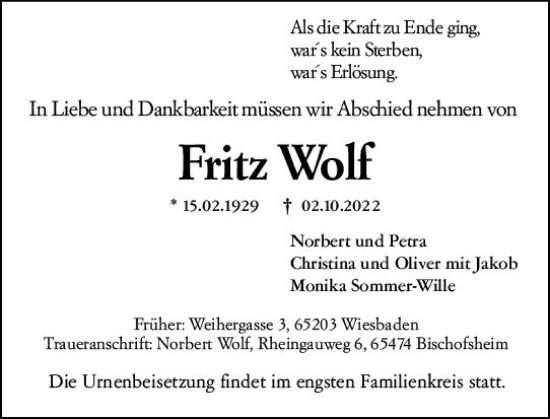 Traueranzeige von Fritz Wolf von vrm-trauer Wiesbadener Kurier