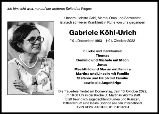 Traueranzeige von Gabriele Köhl-Urich von vrm-trauer Wormser Zeitung