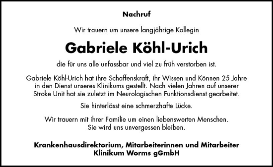 Traueranzeige von Gabriele Köhl-Urich von vrm-trauer Wormser Zeitung