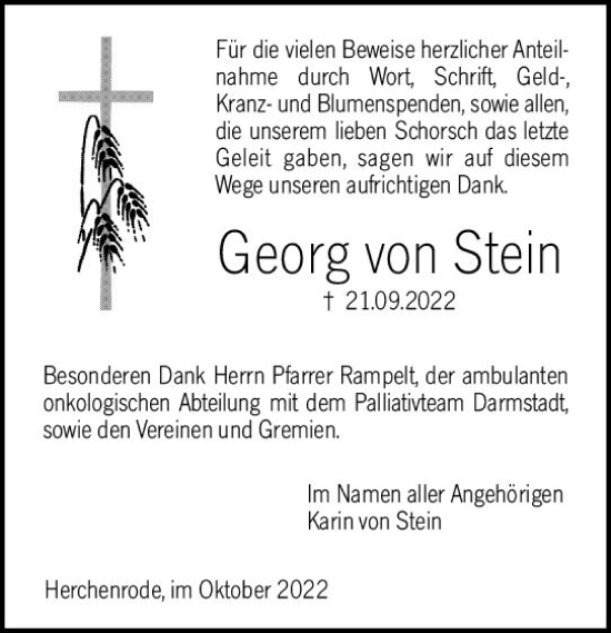 Traueranzeige von Georg von Stein von vrm-trauer Bergsträßer Anzeiger
