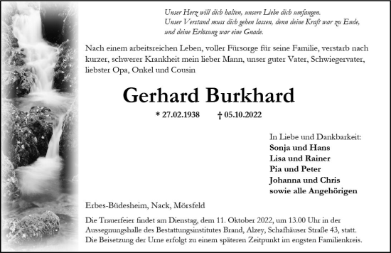 Traueranzeige von Gerhard Burkhard von vrm-trauer Allgemeine Zeitung Alzey
