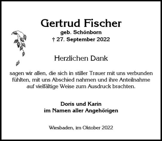 Traueranzeige von Gertrud Fischer von vrm-trauer Wiesbadener Kurier