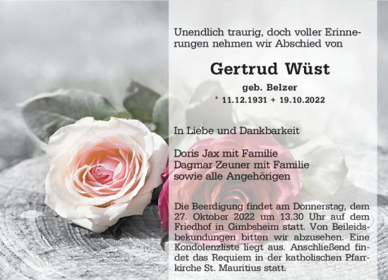 Traueranzeige von Gertrud Wüst von vrm-trauer Wormser Zeitung