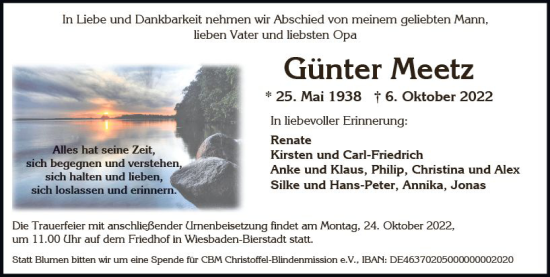 Traueranzeige von Günter Meetz von vrm-trauer Wiesbadener Kurier