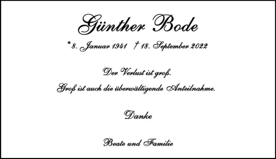 Traueranzeige von Günther Bode von vrm-trauer Wiesbadener Kurier