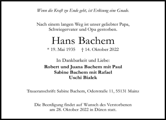 Traueranzeige von Hans Bachem von vrm-trauer AZ Mainz