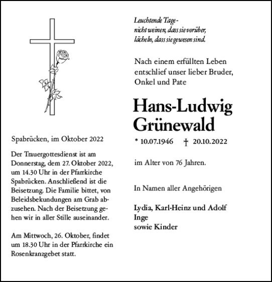 Traueranzeige von Hans-Ludwig Grünewald von vrm-trauer Allg. Zeitung Bad Kreuznach
