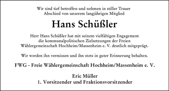 Traueranzeige von Hans Schüßler von vrm-trauer Hochheimer Zeitung