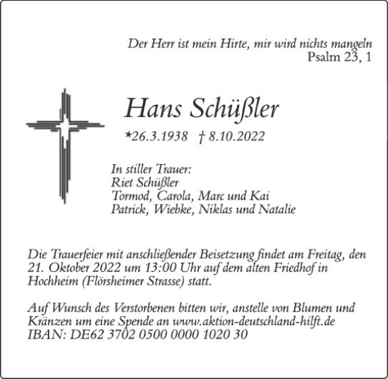 Traueranzeige von Hans Schüßler von vrm-trauer Hochheimer Zeitung