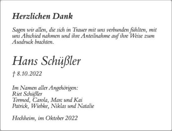 Traueranzeige von Hans Schüßler von vrm-trauer Hochheimer Zeitung