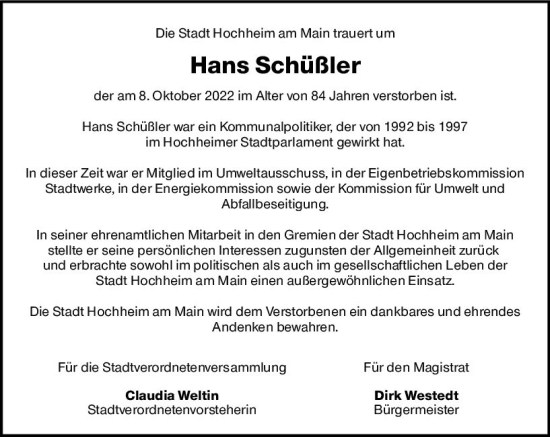 Traueranzeige von Hans Schüßler von vrm-trauer Hochheimer Zeitung