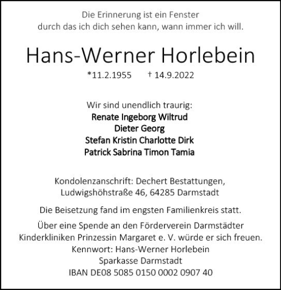 Traueranzeige von Hans-Werner Horlebein von vrm-trauer Darmstädter Echo