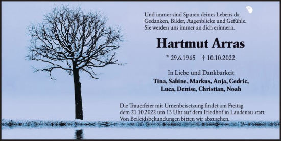 Traueranzeige von Hartmut Arras von vrm-trauer Odenwälder Echo