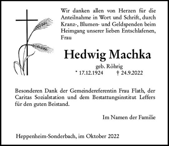 Traueranzeige von Hedwig Machka von vrm-trauer Bürstädter/Lamperth. Ztg/Starkenburger
