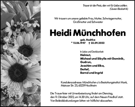 Traueranzeige von Heidi Münchhofen von vrm-trauer Hochheimer Zeitung