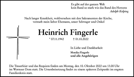 Traueranzeige von Heinrich Fingerle von vrm-trauer Wormser Zeitung