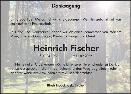 Traueranzeige von Heinrich Fischer von vrm-trauer Odenwälder Echo