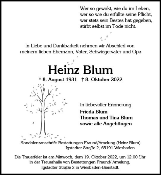 Traueranzeige von Heinz Blum von vrm-trauer Wiesbadener Kurier