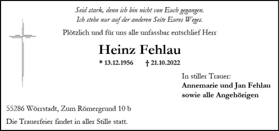Traueranzeige von Heinz Fehlau von vrm-trauer Allgemeine Zeitung Alzey