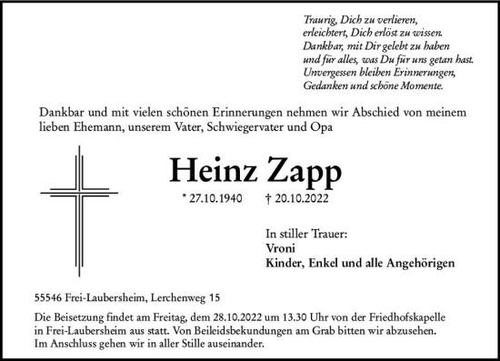 Traueranzeige von Heinz Zapp von vrm-trauer Allg. Zeitung Bad Kreuznach