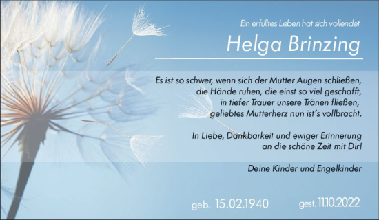 Traueranzeige von Helga Brinzling von vrm-trauer Darmstädter Echo