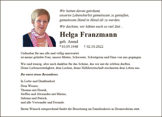 Traueranzeige von Helga Franzmann von vrm-trauer Allgemeine  Zeitung Ingelheim-Bingen