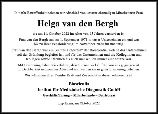 Traueranzeige von Helga van den Bergh von vrm-trauer Allgemeine  Zeitung Ingelheim-Bingen