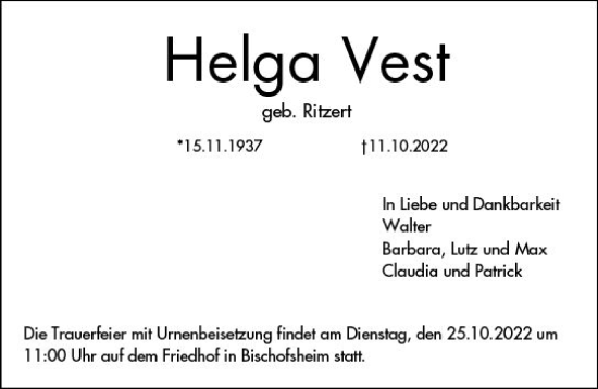 Traueranzeige von Helga Vest von vrm-trauer Rüsselsheimer Echo / MainSpitze