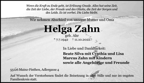Traueranzeige von Helga Zahn von vrm-trauer AZ Mainz