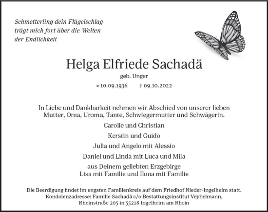 Traueranzeige von Helga Elfriede Sachadä von vrm-trauer Allgemeine  Zeitung Ingelheim-Bingen