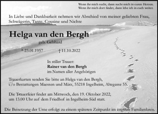 Traueranzeige von Helga van den Bergh von vrm-trauer Allgemeine  Zeitung Ingelheim-Bingen