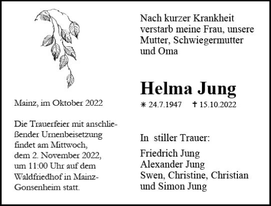 Traueranzeige von Helma Jung von vrm-trauer Allgemeine  Zeitung Ingelheim-Bingen