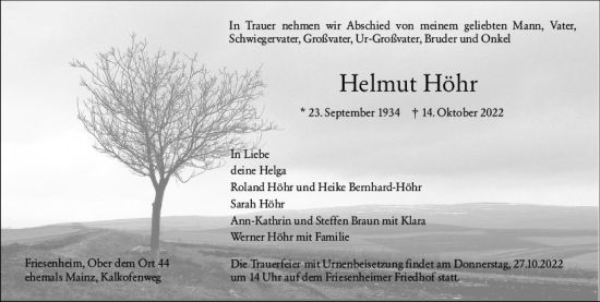 Traueranzeige von Helmut Höhr von vrm-trauer AZ Mainz
