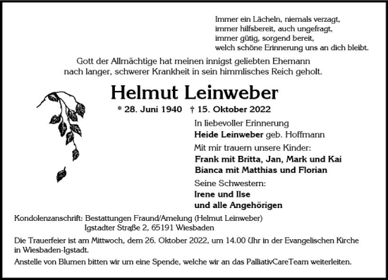 Traueranzeige von Helmut Leinweber von vrm-trauer Wiesbadener Kurier