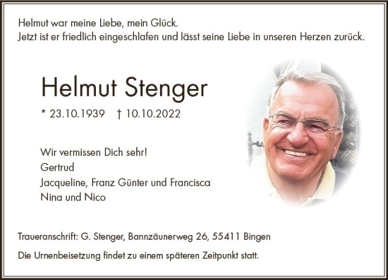Traueranzeige von Helmut Stenger von vrm-trauer Allg. Zeitung Bad Kreuznach