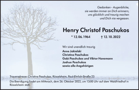 Traueranzeige von Henry Christof Paschukos von vrm-trauer Rüsselsheimer Echo / MainSpitze