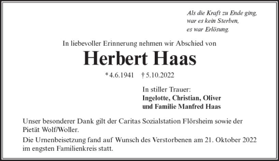 Traueranzeige von Herbert Haas von vrm-trauer Rüsselsheimer Echo / MainSpitze
