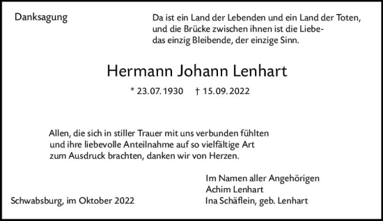 Traueranzeige von Hermann Johann Lenhart von vrm-trauer AZ Mainz