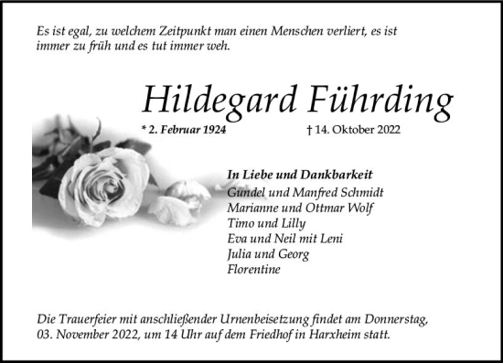 Traueranzeige von Hildegard Führding von vrm-trauer AZ Mainz