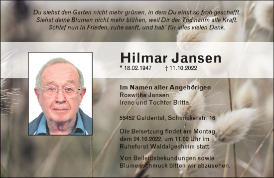 Traueranzeige von Hilmar Jansen von vrm-trauer Allg. Zeitung Bad Kreuznach