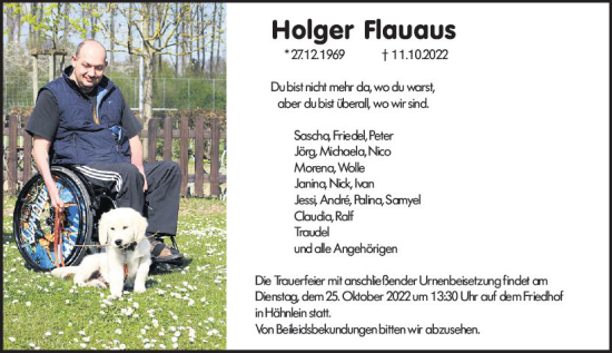 Traueranzeige von Holger Flauaus von vrm-trauer Darmstädter Echo