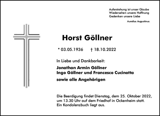 Traueranzeige von Horst Göllner von vrm-trauer Allgemeine  Zeitung Ingelheim-Bingen