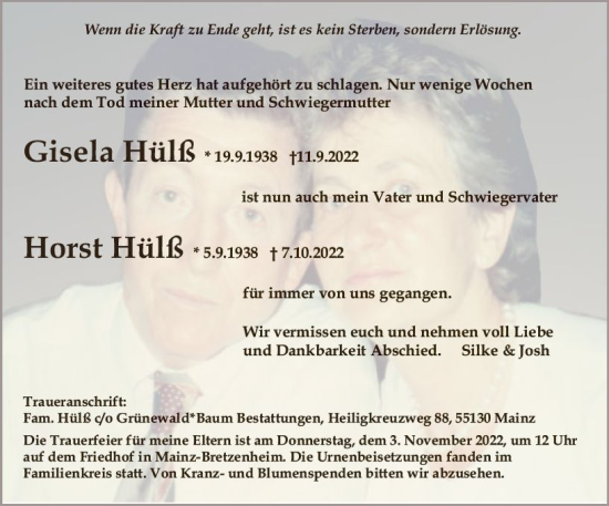 Traueranzeige von Horst Hülß von vrm-trauer AZ Mainz