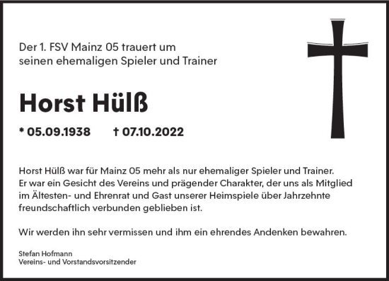 Traueranzeige von Horst Hülß von vrm-trauer AZ Mainz