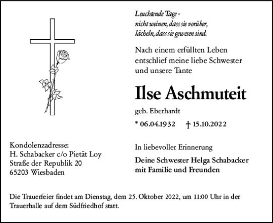 Traueranzeige von Ilse Aschmuteit von vrm-trauer Wiesbadener Kurier