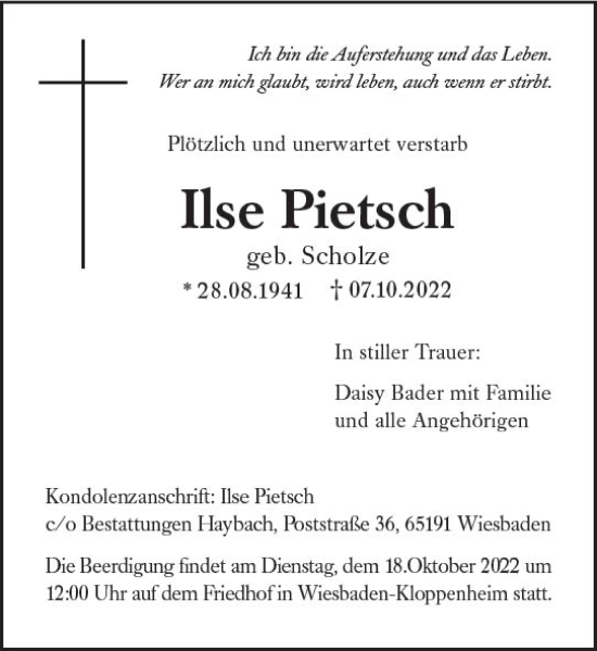 Traueranzeige von Ilse Pietsch von vrm-trauer Wiesbadener Kurier