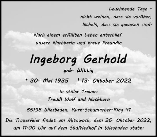 Traueranzeige von Ingeborg Gerhold von vrm-trauer Wiesbadener Kurier