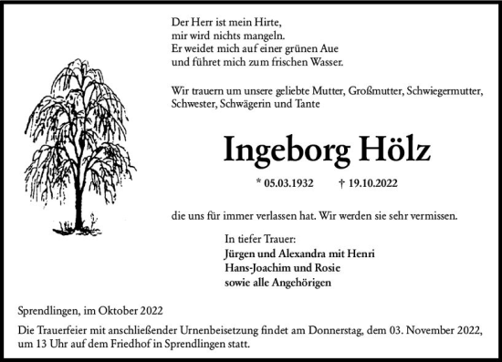 Traueranzeige von Ingeborg Hölz von vrm-trauer Allg. Zeitung Bad Kreuznach