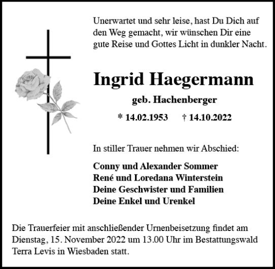 Traueranzeige von Ingrid Haegermann von vrm-trauer Wiesbadener Kurier