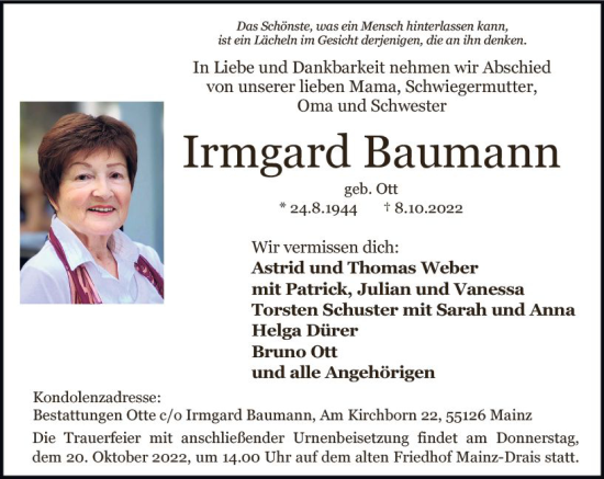 Traueranzeige von Irmgard Baumann von vrm-trauer AZ Mainz